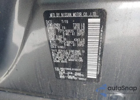 2020 Nissan Armada Sl 2Wd z USA, uszkodzony, nr VIN JN8AY2ND8L9105037